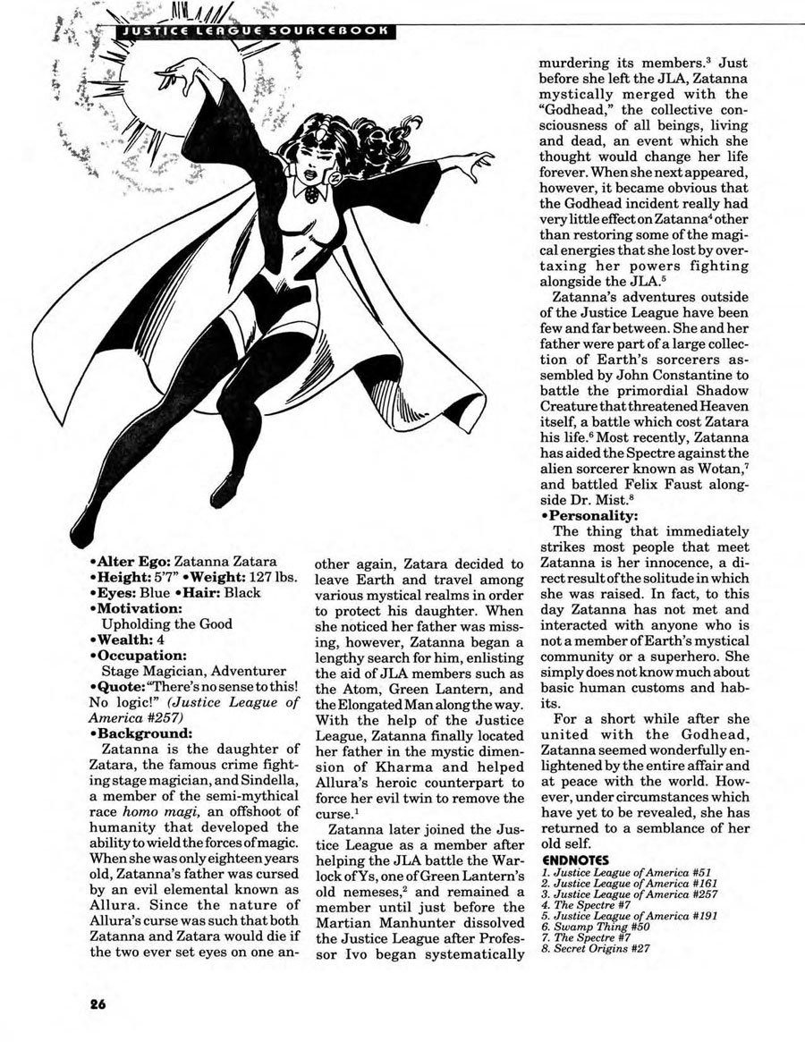 Zatanna in Justice League Sourcebook from Mayfair Games DC Heroes RPG